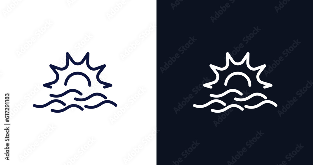 sunset at sea icon. Thin line sunset at sea icon from summer collection. Outline vector isolated on dark blue and white background. Editable sunset at sea symbol can be used web and mobile