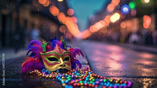 Carnival mask with colorful beads. Mardi Gras background. photo