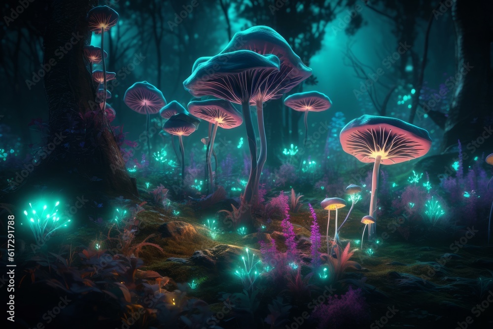 Fairy forest glowing mushrooms. Generate Ai