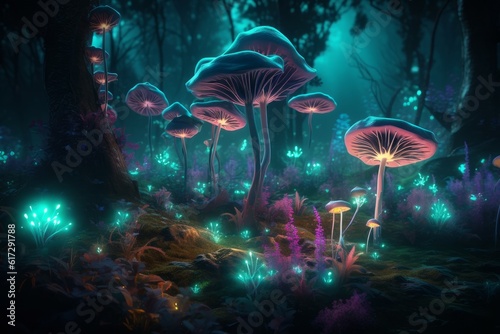Fairy forest glowing mushrooms. Generate Ai