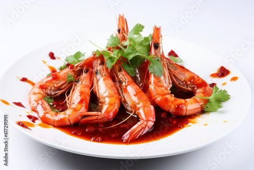 a plate of cooked prawns in spicy sauce on a white background