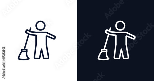 sweeper working icon. Thin line sweeper working icon from people collection. Outline vector isolated on dark blue and white background. Editable sweeper working symbol can be used web and mobile