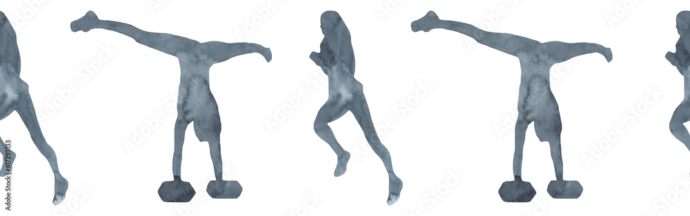Sports at sunrise border.Running.Gymnastics.Morning gym.Watercolor silhouette sport isolated on white background. Sports at sunrise border.Running.Gymnastics.Morning gym.Watercolor silhouette sport isolated on white background.