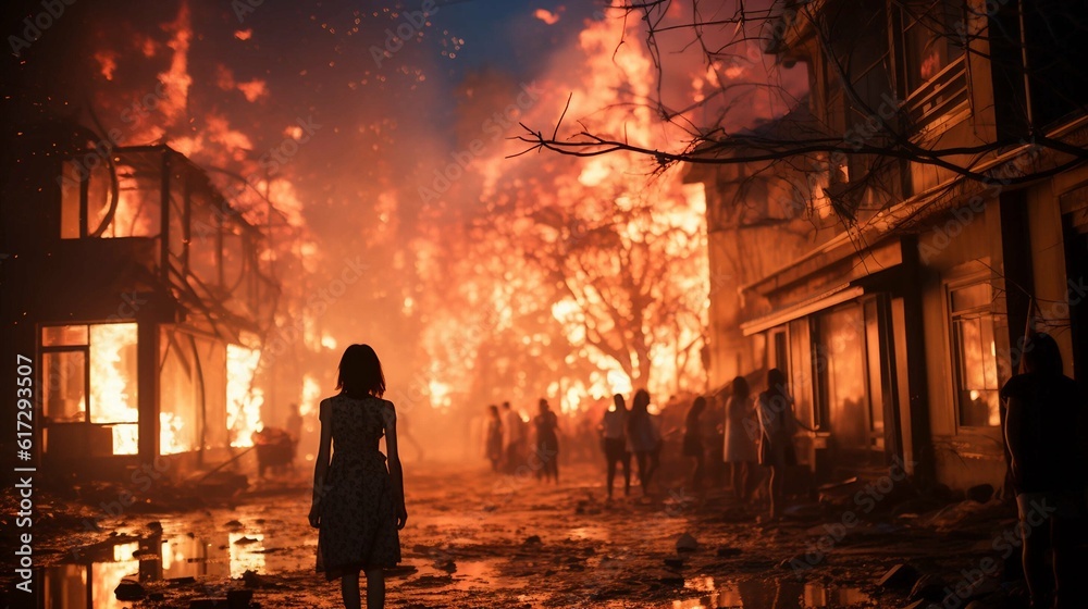 A Cinematic Still of a Crowd of People in a Neighborhood on Fire Generative