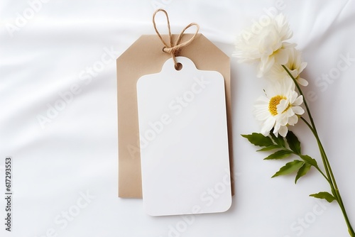 A mock - up of a white and brown empty tag with a rope © Julia Jones