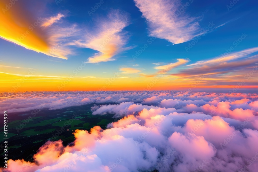 panorama with sunset above the clouds from the airplane window. Generative AI panorama with sunset above the clouds from the airplane window. Generative AI
