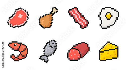 pixel food icon set for games or mobile apps, colorful pixel art, old style 8 bit icons, vector collection