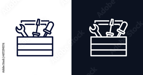 tool bag icon. Thin line tool bag icon from construction collection. Outline vector isolated on dark blue and white background. Editable tool bag symbol can be used web and mobile