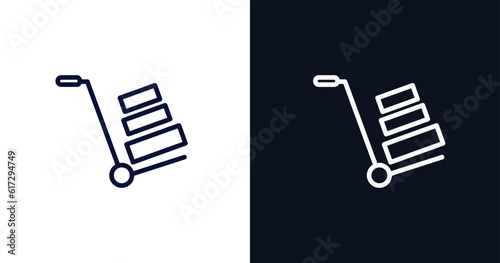 trolley with cargo icon. Thin line trolley with cargo icon from construction collection. Outline vector isolated on dark blue and white background. Editable trolley with cargo symbol
