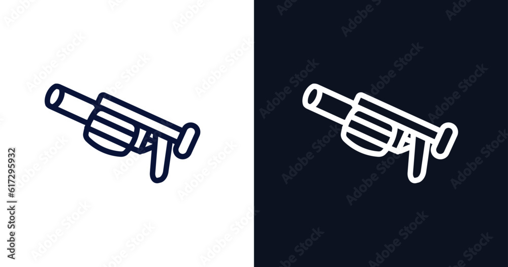 grenade launcher icon. Thin line grenade launcher icon from military and war and collection. Outline vector isolated on dark blue and white background. grenade launcher icon. Thin line grenade launcher icon from military and war and collection. Outline vector isolated on dark blue and white background.