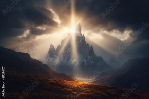 "His Light". Beautiful sun rays over mountain peaks