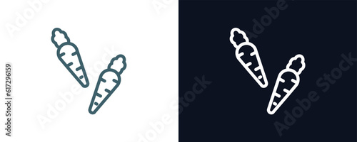 carrots icon. Thin line carrots icon from agriculture and farm collection. Outline vector isolated on dark blue and white background. Editable carrots symbol can be used web and mobile