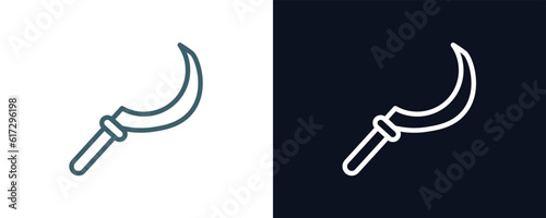 sickle icon. Thin line sickle icon from agriculture and farm collection. Outline vector isolated on dark blue and white background. Editable sickle symbol can be used web and mobile