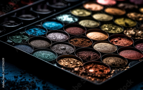 Colorful eyeshadow palette on dark blue background. Selective focus. Generative AI