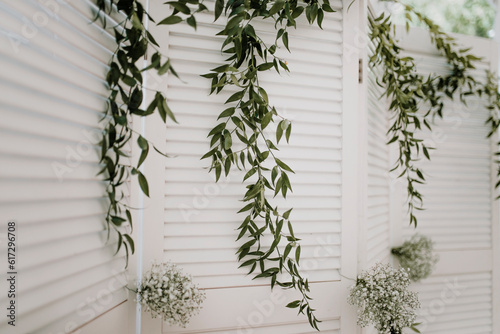 hanging plants in the window blinds