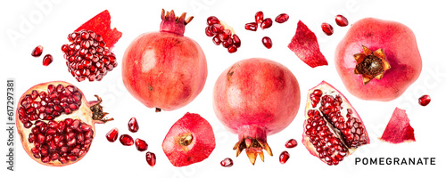 Fresh red pomegranate fruits isolated. PNG with transparent background. Flat lay. Without shadow.