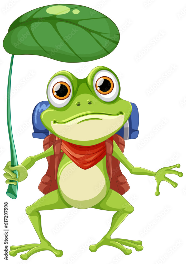 Obraz premium Green Frog Cartoon Character Holding Leaf Umbrella