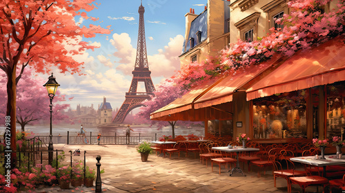 cafe in Paris with the Eiffel tower, ai generative