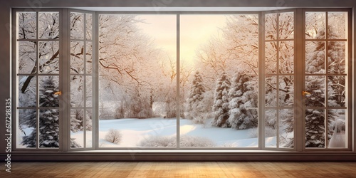 Winter view from window blurred background and sunlight on glass, AI Generated