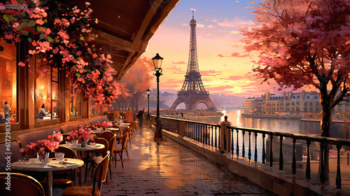 cafe in Paris with the Eiffel tower, ai generative photo