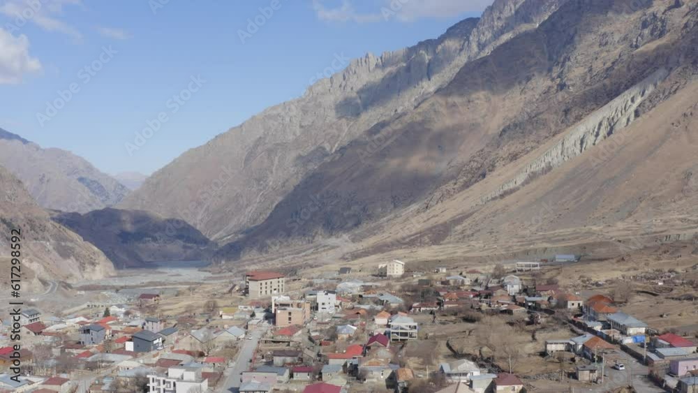 Aerial of barren valley in winter Kazebgi village Georgia Aerial of barren valley in winter Kazebgi village Georgia
