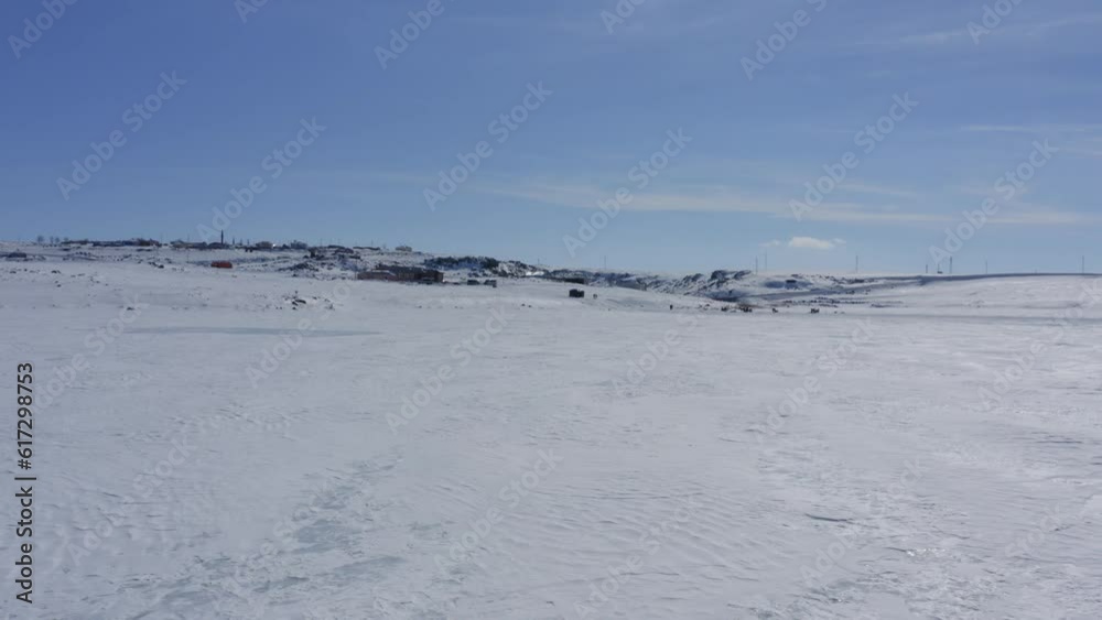 Drone flying over frozen cildir lake in Kars Turkey close-up Drone flying over frozen cildir lake in Kars Turkey close-up