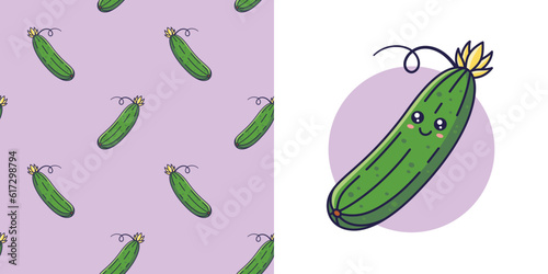 Hand drawn Cucumber in doodle style for designing baby clothes. Postcard with cucumber and seamless pattern. Cartoon Bohemian nursery print. Kids design texture for pajamas. Vector illustration.