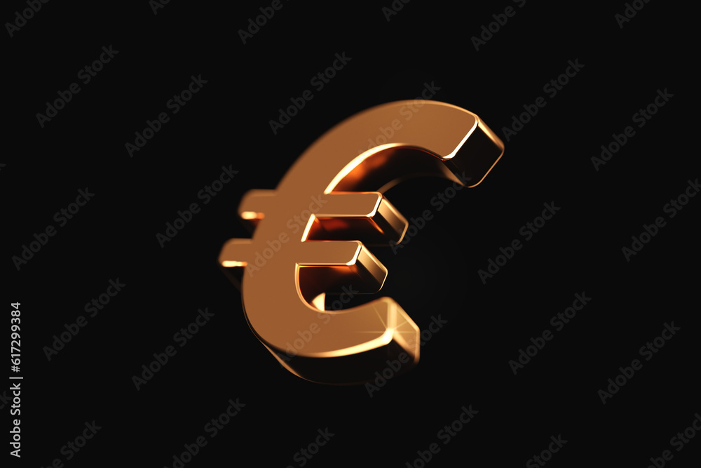 Gold euro currency finance symbol isolated on black 3d background of golden metallic european money sign or europe banking financial business exchange capital rate price and union economy bank market. - obrazy, fototapety, plakaty 