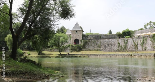 Banja Luka, Bosnia and Herzegovina - June 23 2023: 
Park along the river Vrbas beneath the walls of Kastel Fortress in Banja Luka, Bosnia and Herzegovina - Image photo
