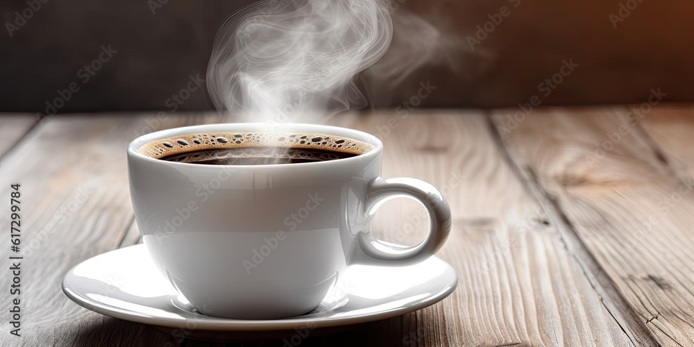 Fresh Espresso Coffee on Wooden Table. Closeup of Hot Aroma and Breakfast Morning Drink with Cup and Background Cafe
