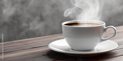 Fresh Espresso Coffee on Wooden Table. Closeup of Hot Aroma and Breakfast Morning Drink with Cup and Background Cafe