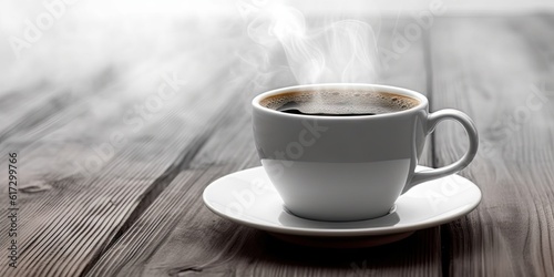 Fresh Espresso Coffee on Wooden Table. Closeup of Hot Aroma and Breakfast Morning Drink with Cup and Background Cafe