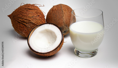 Coconut and a glass of coconut milk isolated on white background.