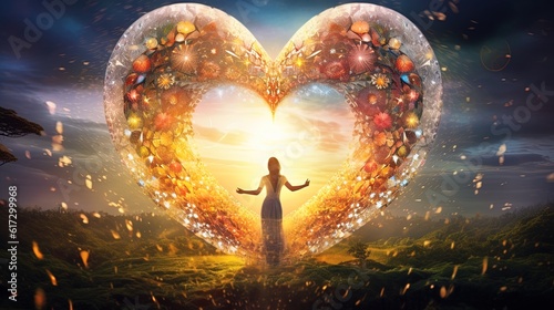 Loves surrounds us, cosmic beautiful universal love, heart filled with life, flowers and lights. Finding peace and the inner center. Concept.