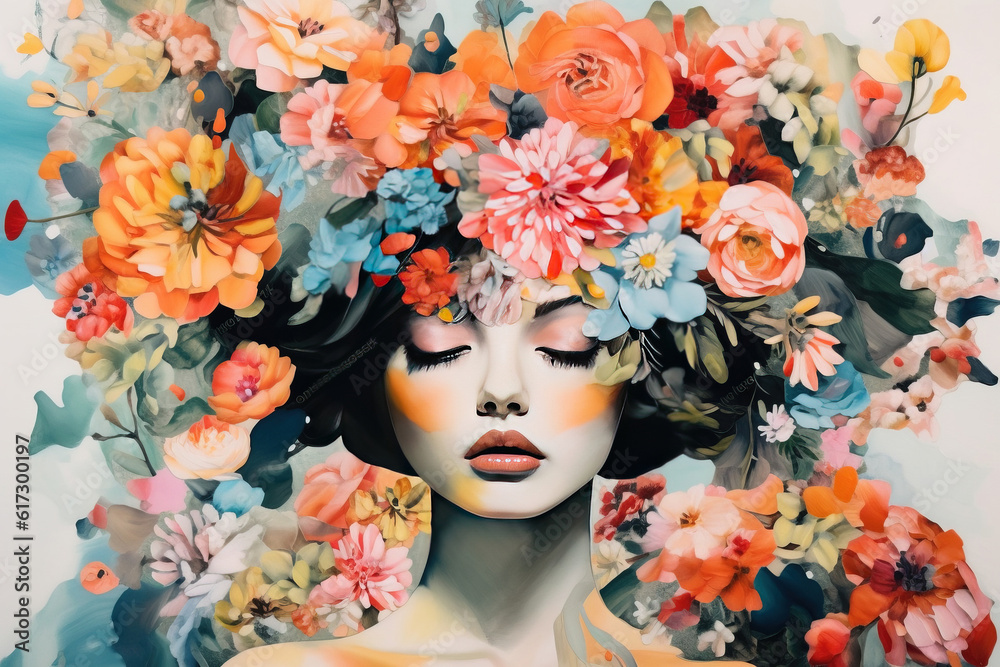 Portrait of a woman with lots of flowers. Abstract. Generative AI Portrait of a woman with lots of flowers. Abstract. Generative AI