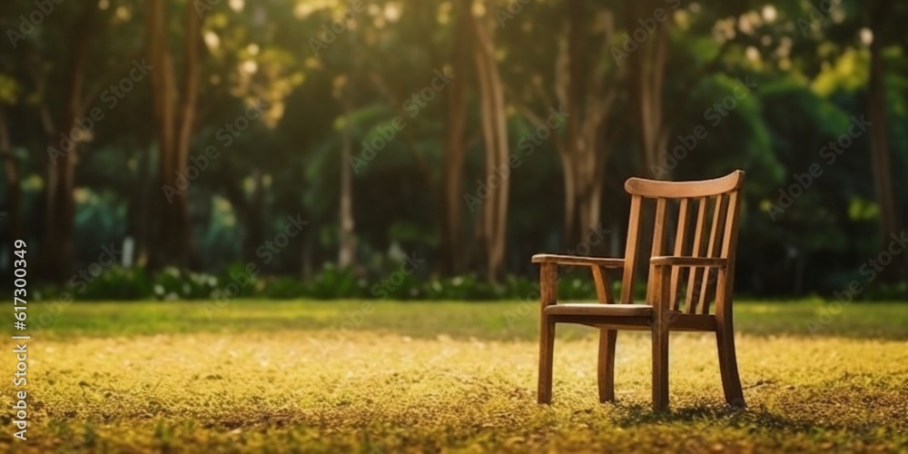 Wooden chair in the garden blurred background, AI Generated Wooden chair in the garden blurred background, AI Generated