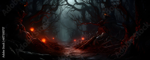 une forêt sombre, arrière-plan pour halloween, thème horreur - panoramique - IA générative