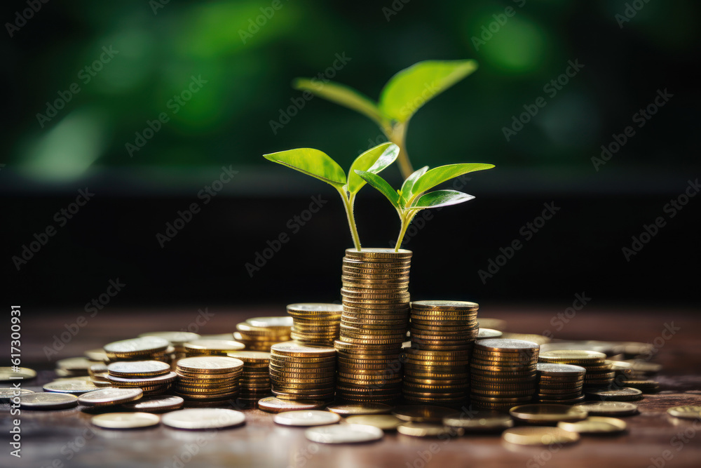 A little tree growth on coins in jar. Money management invest concept. A little tree growth on coins in jar. Money management invest concept.