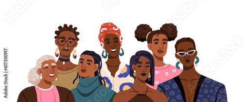 Black women, group portrait. African and Latin American female characters together. Happy modern stylish girls team, community of race, ethnicity. Flat vector illustration isolated on white background