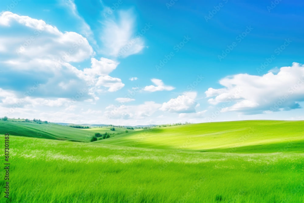 Green grass field and blue sky with clouds