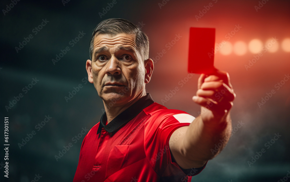soccer referee shows red card to send off fouled player. Serious