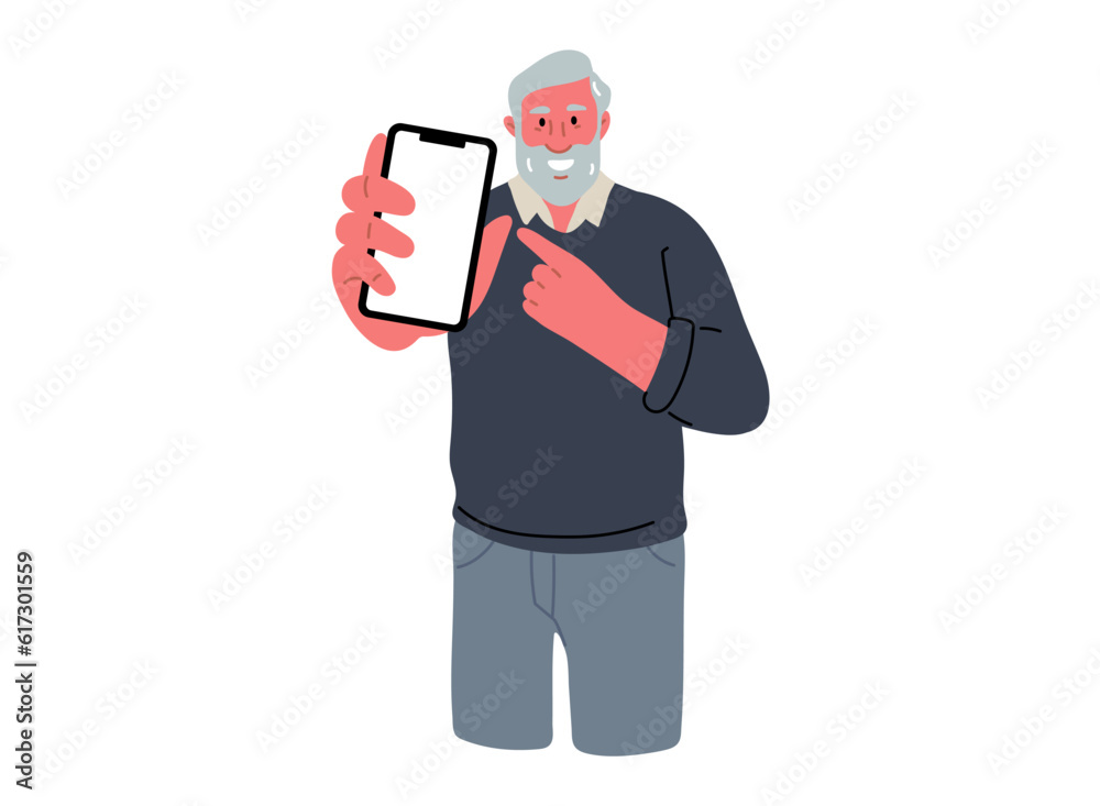 Senior man showing on mobile phone and give a hint.Vector Illustration