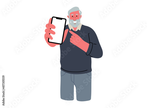 Senior man showing on mobile phone and give a hint.Vector Illustration