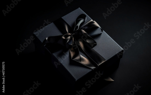 Black gift box with black ribbon bow on black background, Generative AI