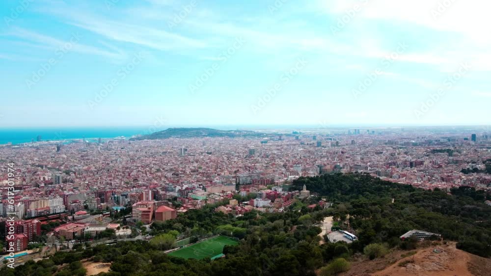 View of Barcelona city and mountains from Bunkers of Carmel during summer in Barcelona Spain View of Barcelona city and mountains from Bunkers of Carmel during summer in Barcelona Spain