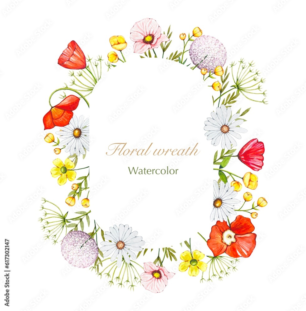 Floral wreath of meadow flowers and herbs, watercolor
