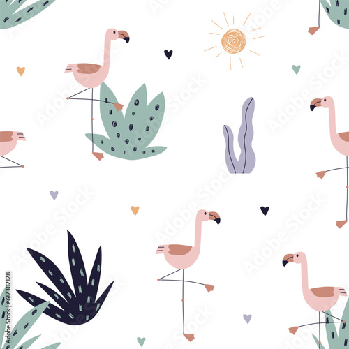 Tropical pink flamingo birds and plants, sun, seamless pattern. Repeating pri...