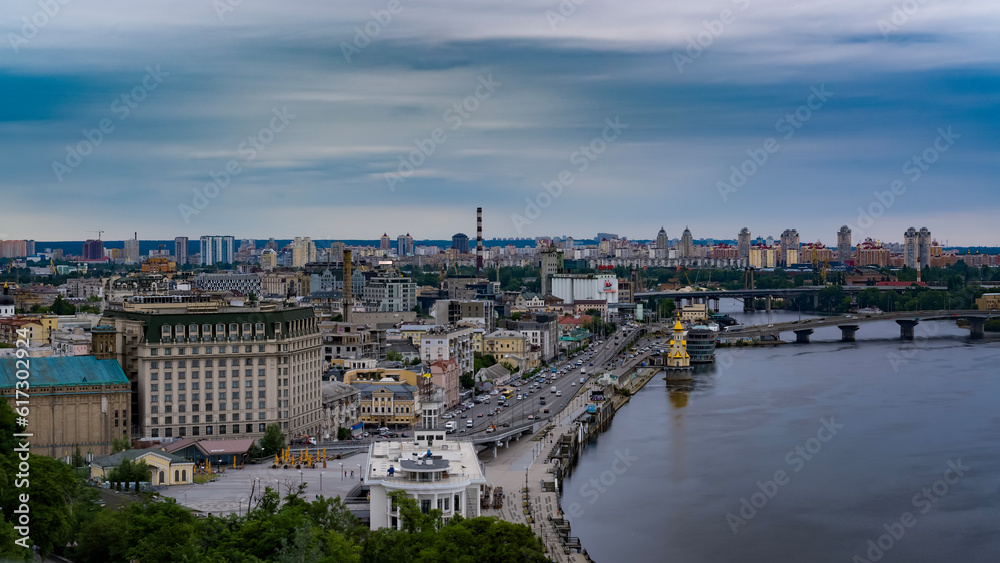 Overview of Kyiv from the pedestrian and bicycle bridge over the Volodymyrsky Uzviz.