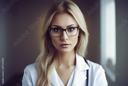  portrait of young doctor woman with stethoscope in clinic. generative AI