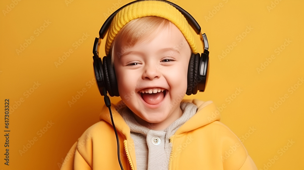 Red-haired little boy with in headphones laughs at the camera on a studio on a yellow background with copy space. Generative AI Red-haired little boy with in headphones laughs at the camera on a studio on a yellow background with copy space. Generative AI